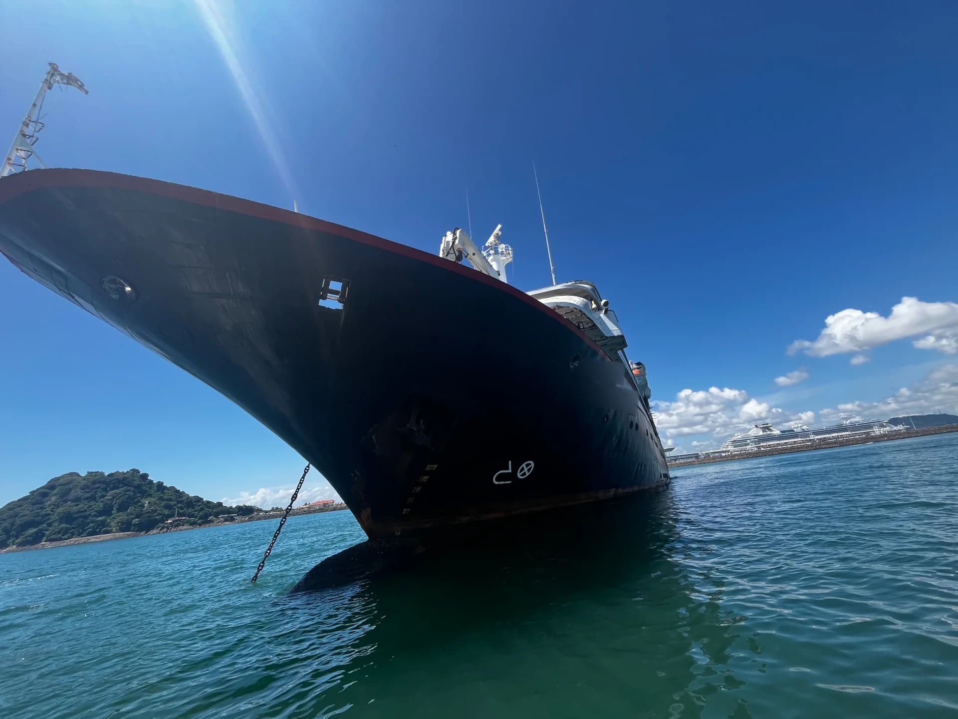 Passenger vessel bow during condition assessment in Panama