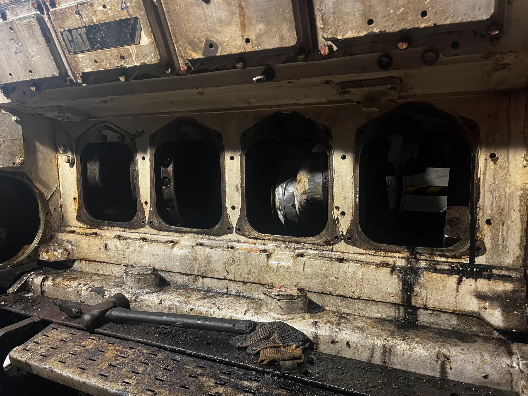 Passenger vessel machinery opened for technical inspection during recovery planning