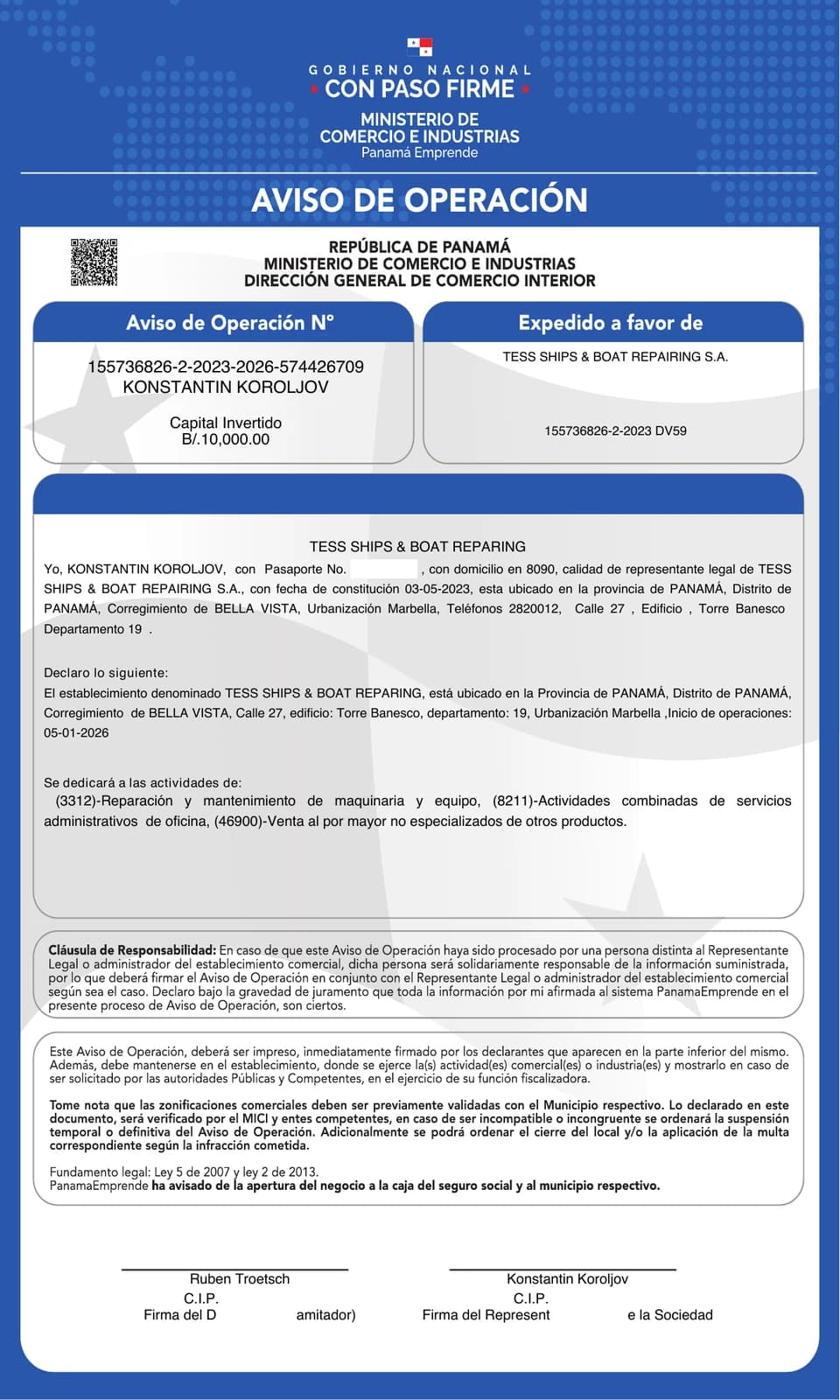 Panama Aviso de Operación for TESS SHIPS & BOAT REPAIRING S.A.