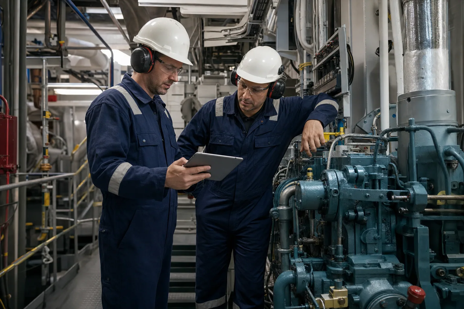 Marine superintendent and vessel specialist reviewing machinery during an onboard engineering project