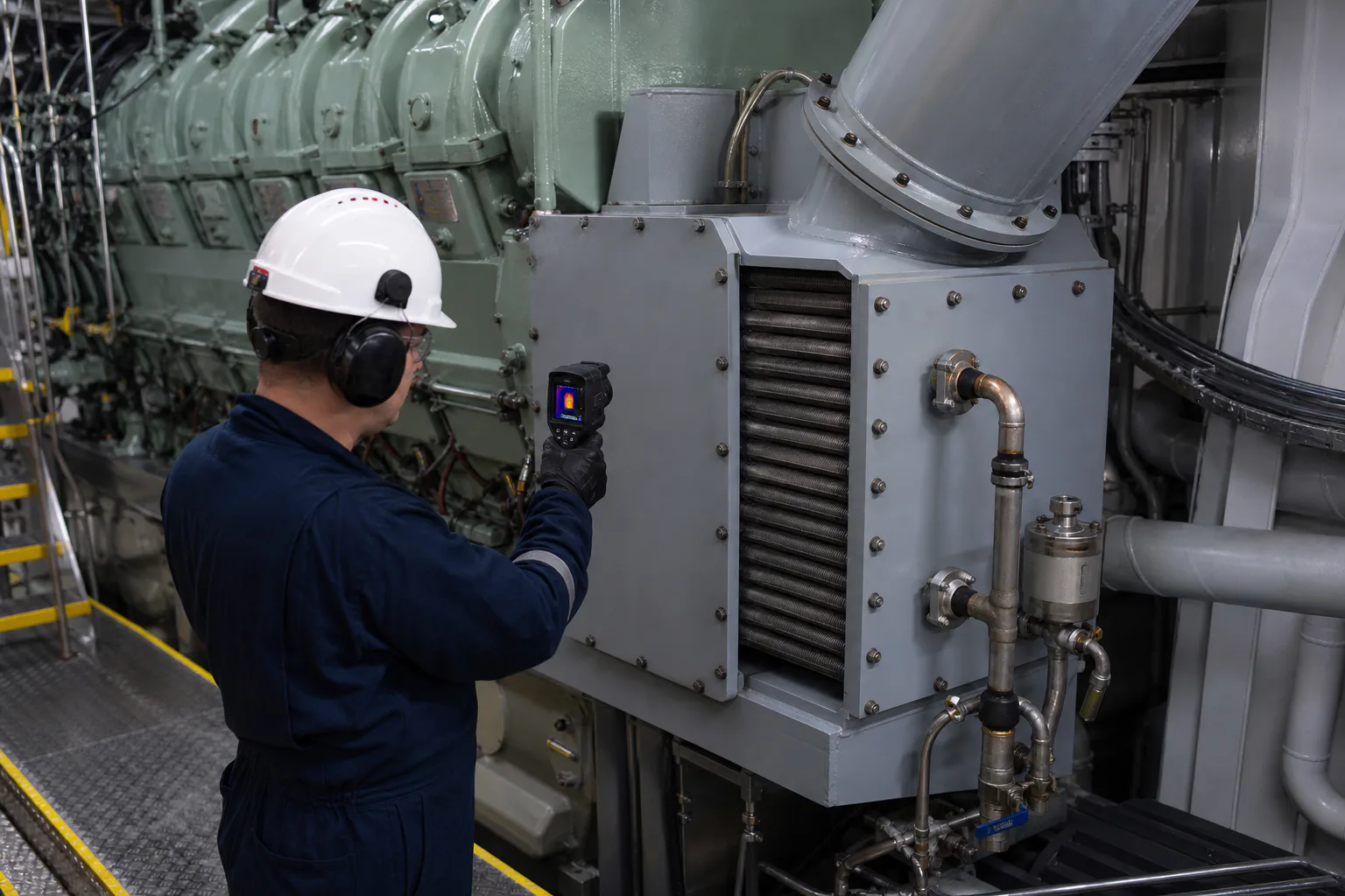 Marine engineer inspecting a charge-air cooler beside a ship diesel engine