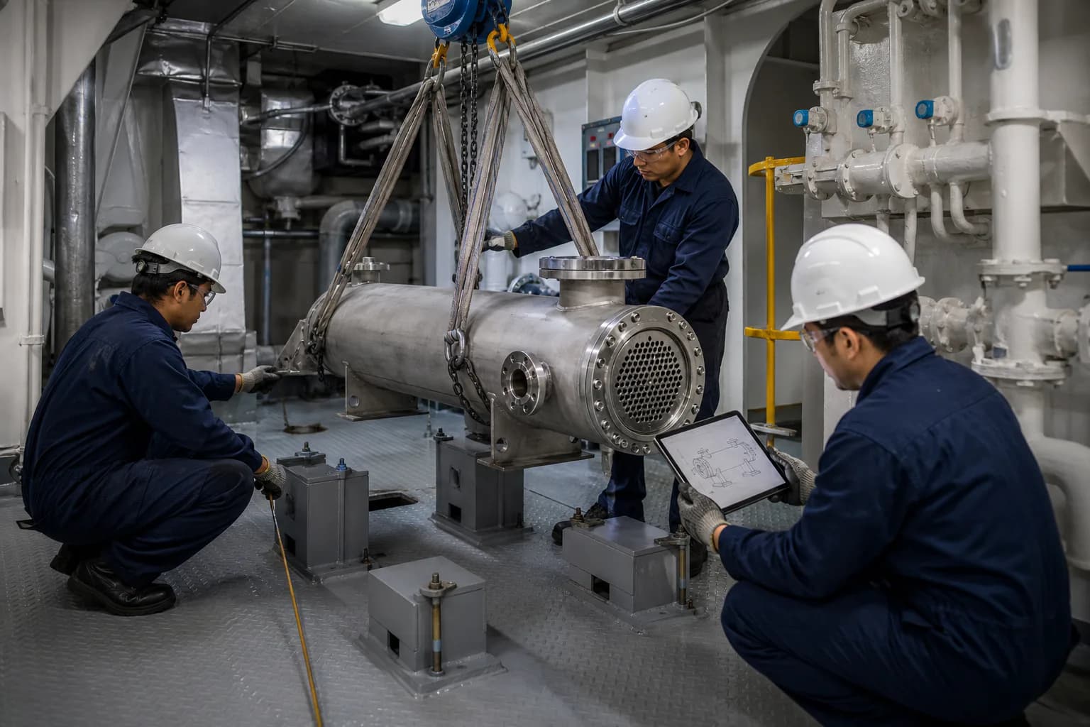 Marine technicians positioning a replacement shell-and-tube cooler while an engineer checks installation dimensions