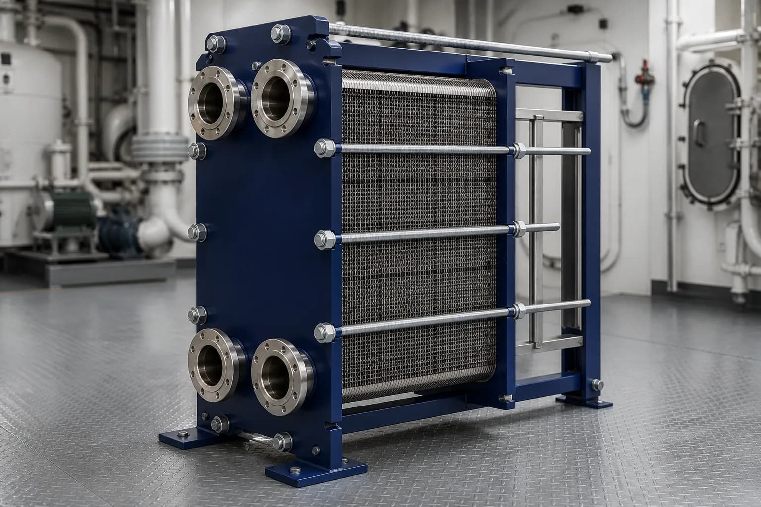 Unbranded framed gasketed plate heat exchanger in a marine equipment workshop