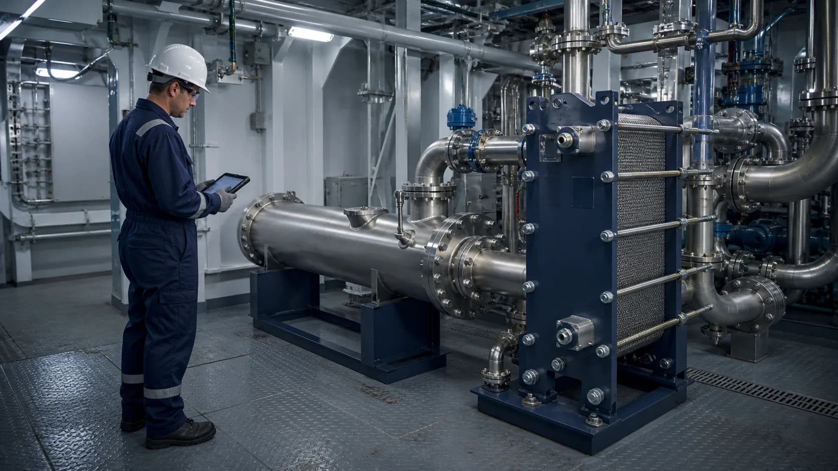 Marine engineer reviewing a gasketed plate heat exchanger and shell-and-tube cooler in a vessel machinery space