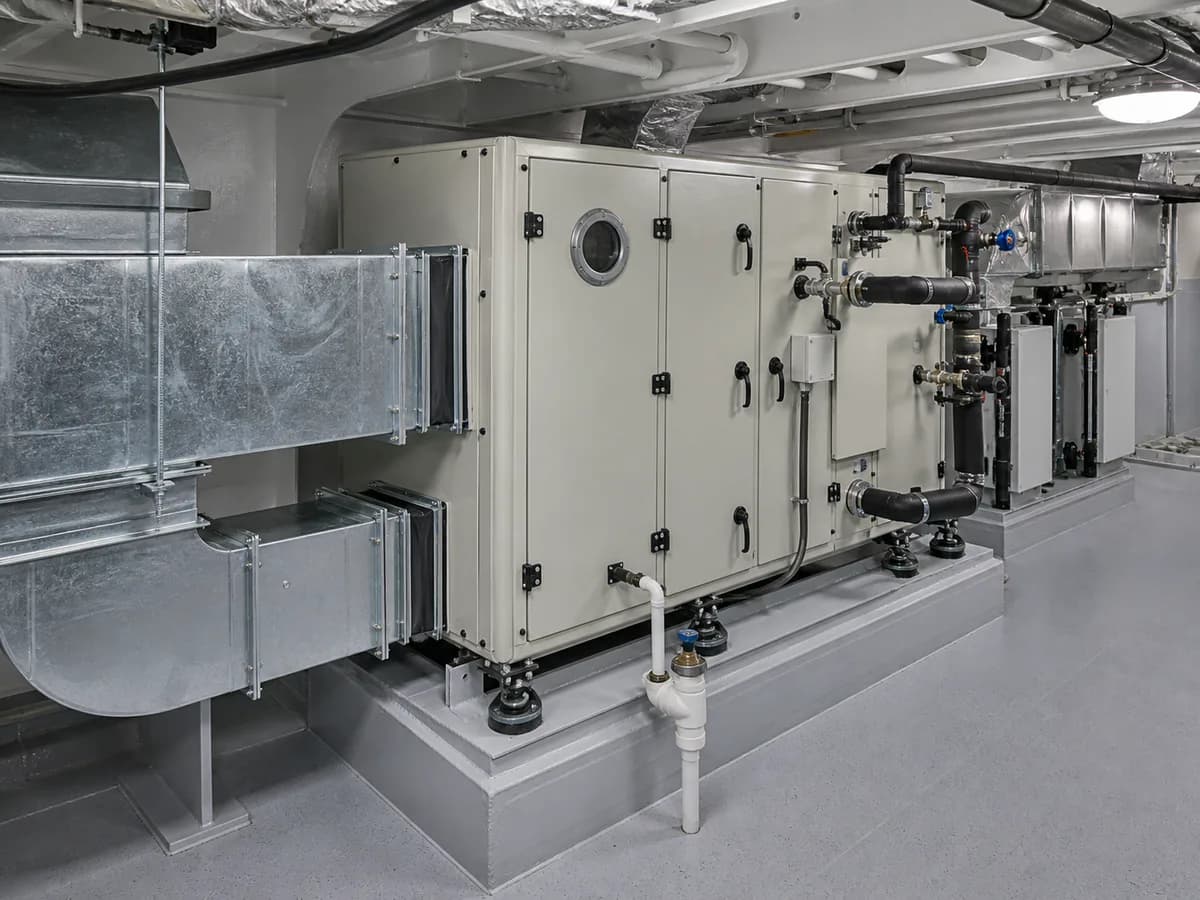 Unbranded marine air-handling unit with ducting, insulated pipe connections and condensate drainage aboard a vessel