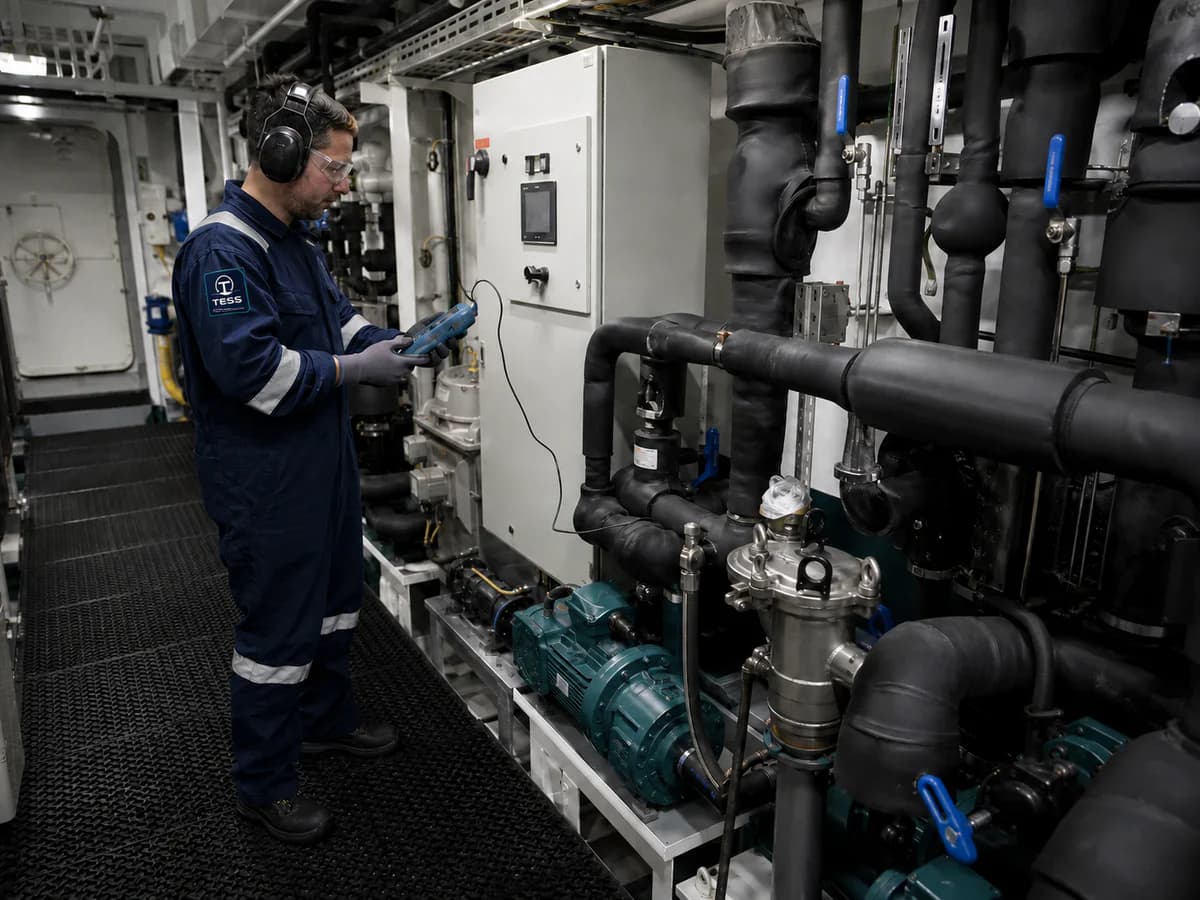 Marine engineer checking an unbranded chilled-water plant, pumps and insulated piping aboard a vessel