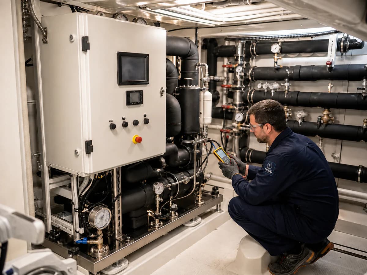 Engineer commissioning an unbranded compact chilled-water plant in a large yacht machinery space