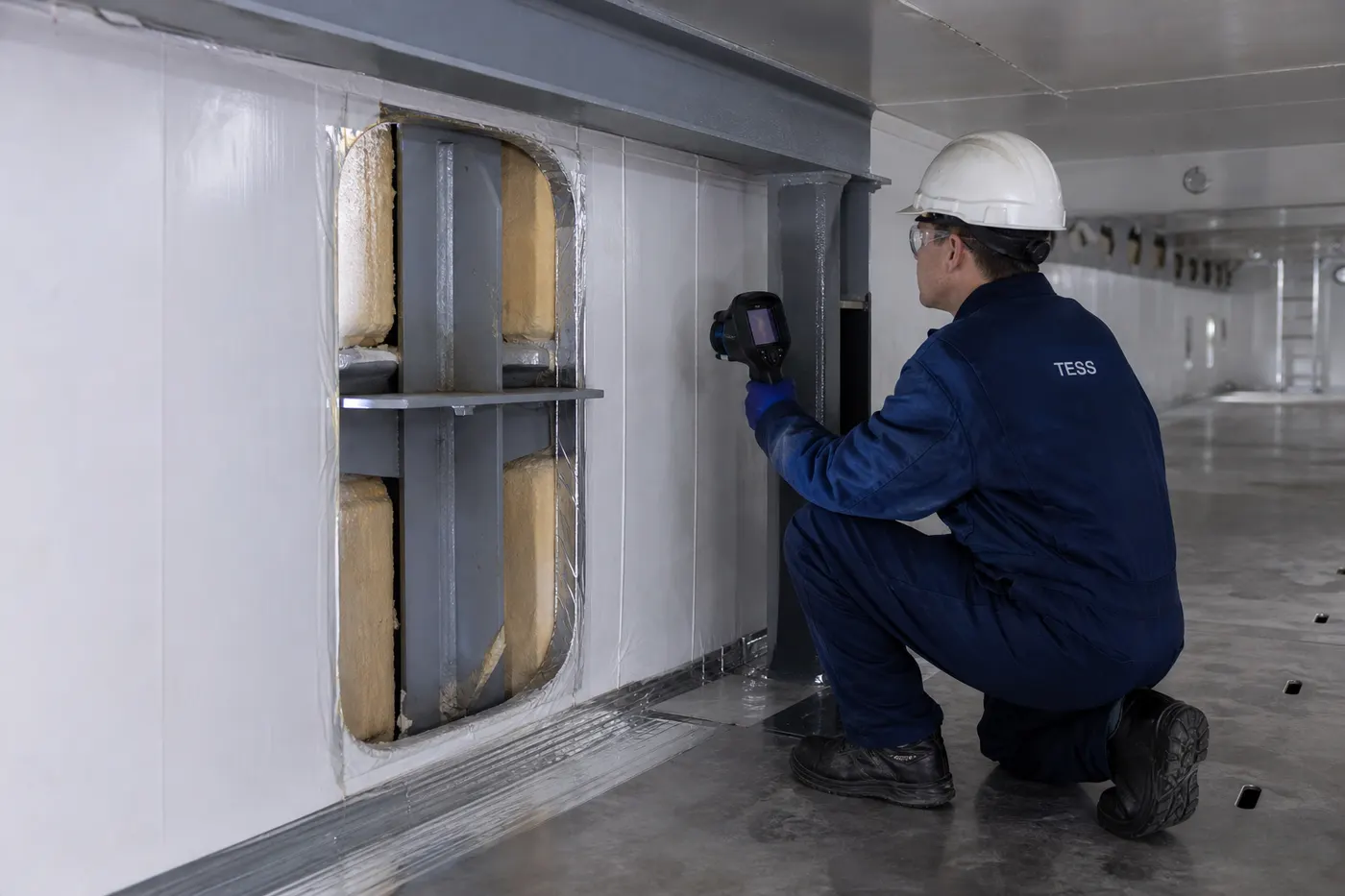 Technician assessing an insulated structural frame inside a refrigerated cargo hold