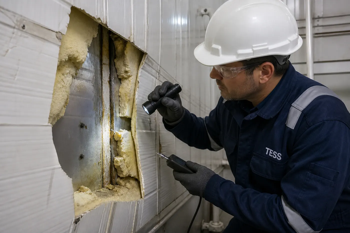 Inspection of damaged lining and insulation inside a refrigerated ship cargo hold