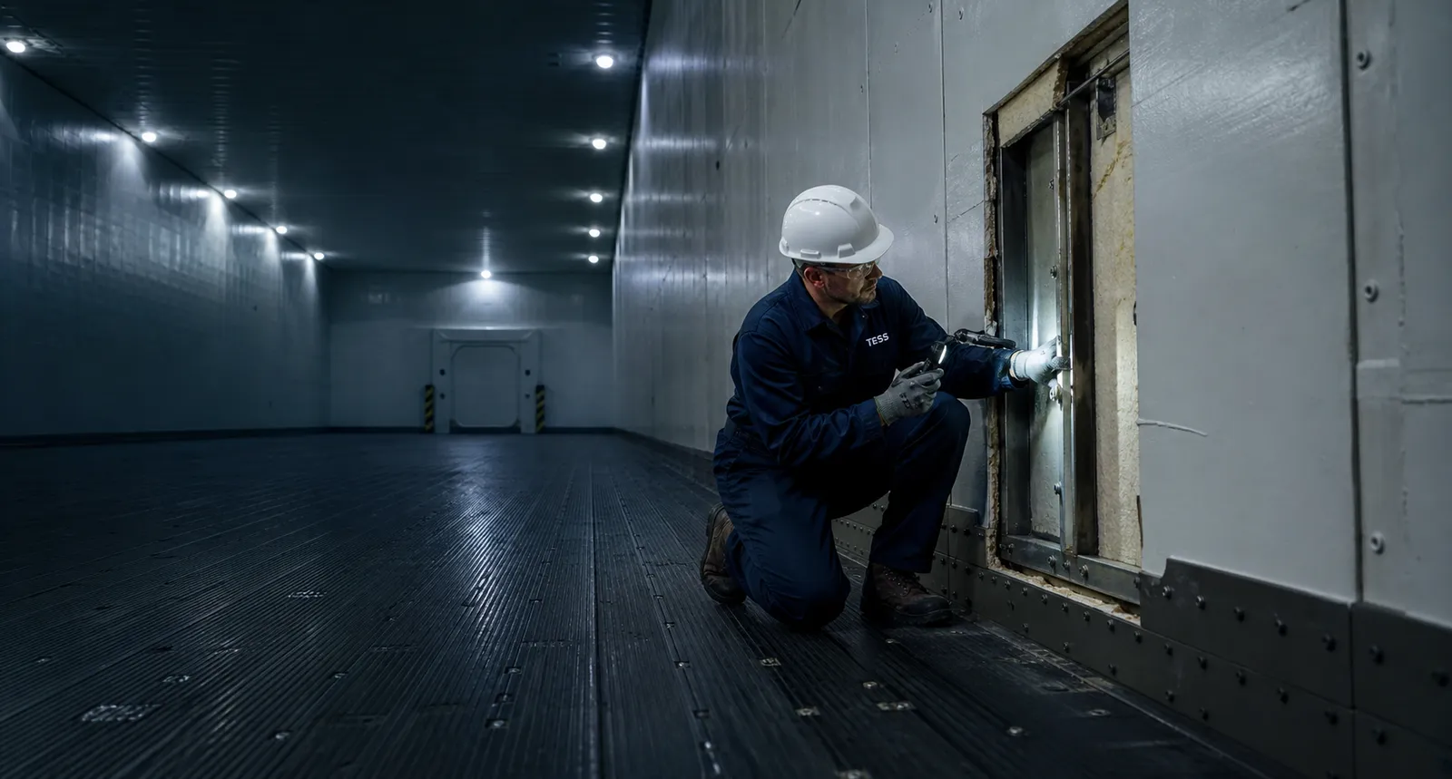Marine technician inspecting insulation inside a refrigerated cargo hold aboard a commercial vessel